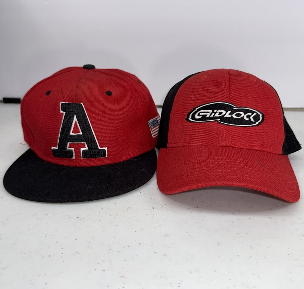 Gridlock Port Authority Red Black Adjustable Baseball Cap Hat Lot of 2